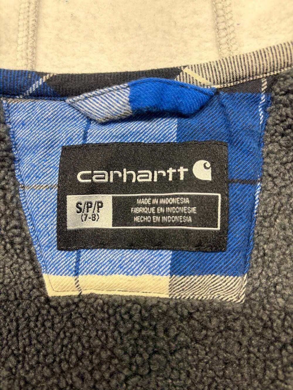 Carhartt Kids Flannel Snap-Front Hooded Shirt Jacket Azure Blue Plaid SMALL 7-8 - Picture 13 of 15